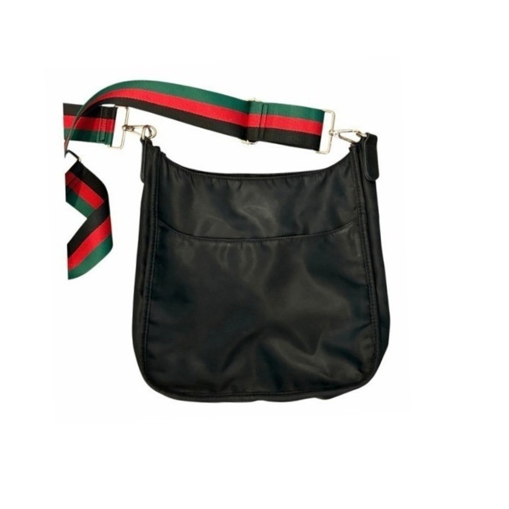 Ah-Dorned Black Nylon Crossbody Bag Black Red Green Stripe Guitar Strap